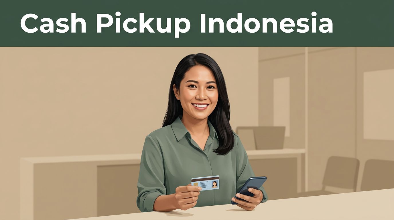 Smiling Indonesian woman holding an ID card and phone at a cash-pickup counter.