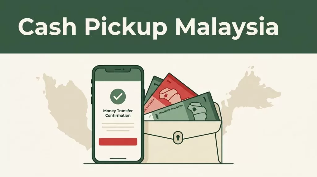 A phone, Malaysian ringgit, cash envelope, and Malaysia map illustration.