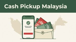 A phone, Malaysian ringgit, cash envelope, and Malaysia map illustration.