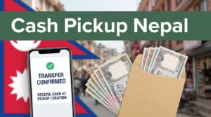 A phone, Nepalese rupees, and a cash pickup envelope against a Kathmandu street backdrop.
