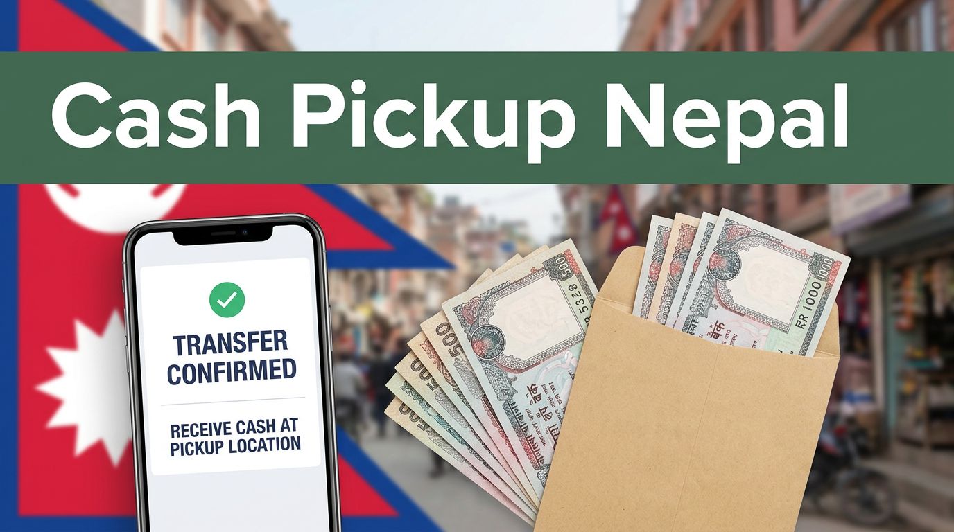 A phone, Nepalese rupees, and a cash pickup envelope against a Kathmandu street backdrop.