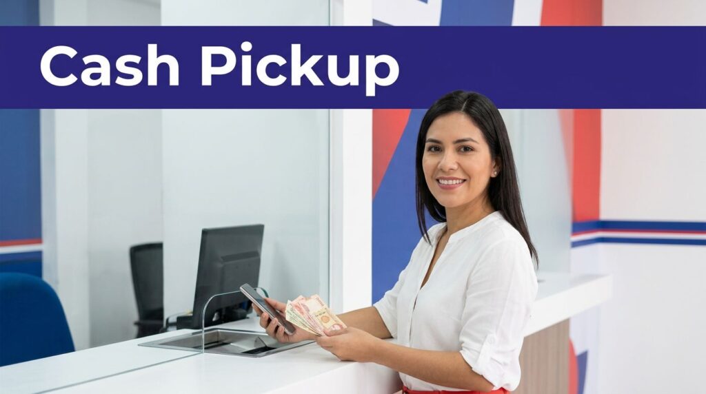 Smiling Paraguayan woman holding cash and a smartphone at a pickup counter.