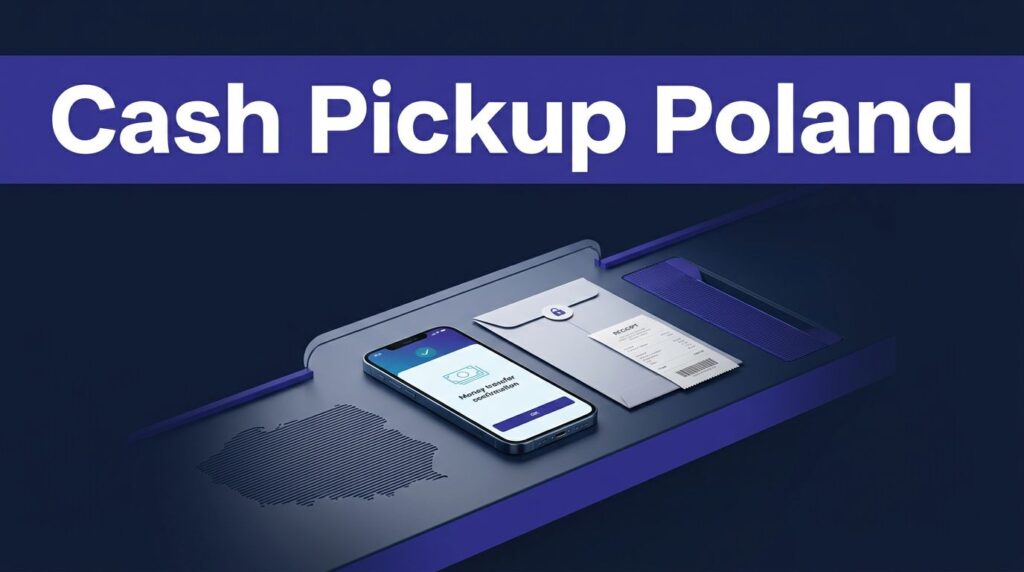 Cash pickup items with a smartphone, envelope, receipt, and Poland map accent.