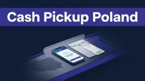 Cash pickup items with a smartphone, envelope, receipt, and Poland map accent.