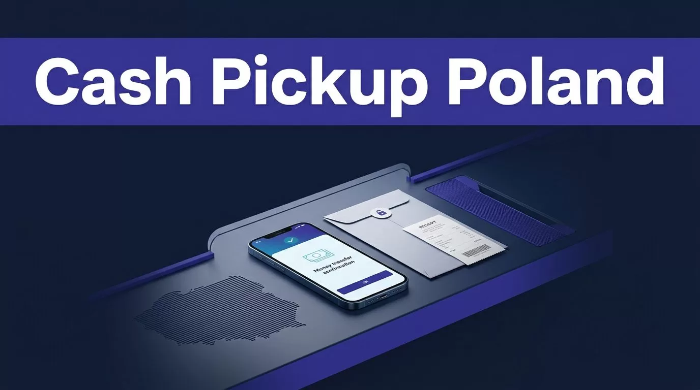 Cash pickup items with a smartphone, envelope, receipt, and Poland map accent.