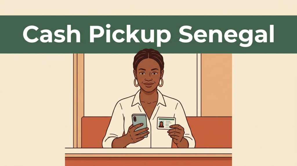 A Senegalese woman holds a phone and photo ID at a cash pickup counter.