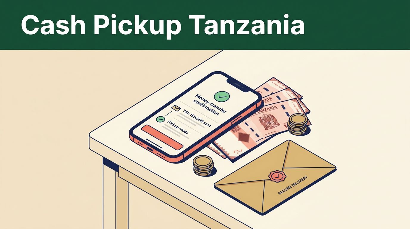 A phone, Tanzanian shilling notes, and envelope appear beneath a Cash Pickup Tanzania headline.