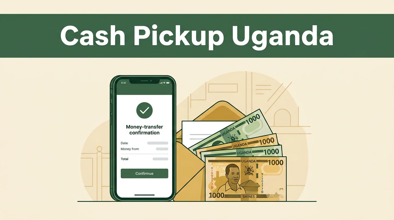 A smartphone, envelope, and Ugandan shilling notes arranged for cash pickup.