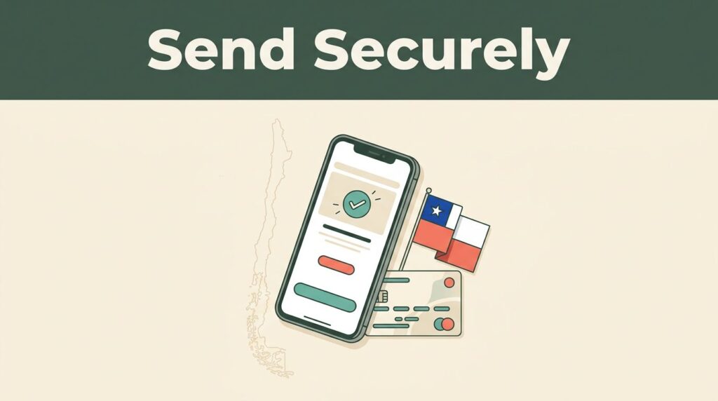 Smartphone with a transfer confirmation beside a bank card, Chilean flag, and Chile map.