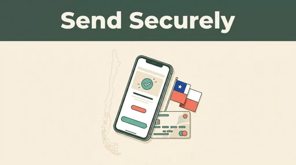 Smartphone with a transfer confirmation beside a bank card, Chilean flag, and Chile map.