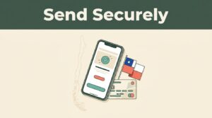 Smartphone with a transfer confirmation beside a bank card, Chilean flag, and Chile map.