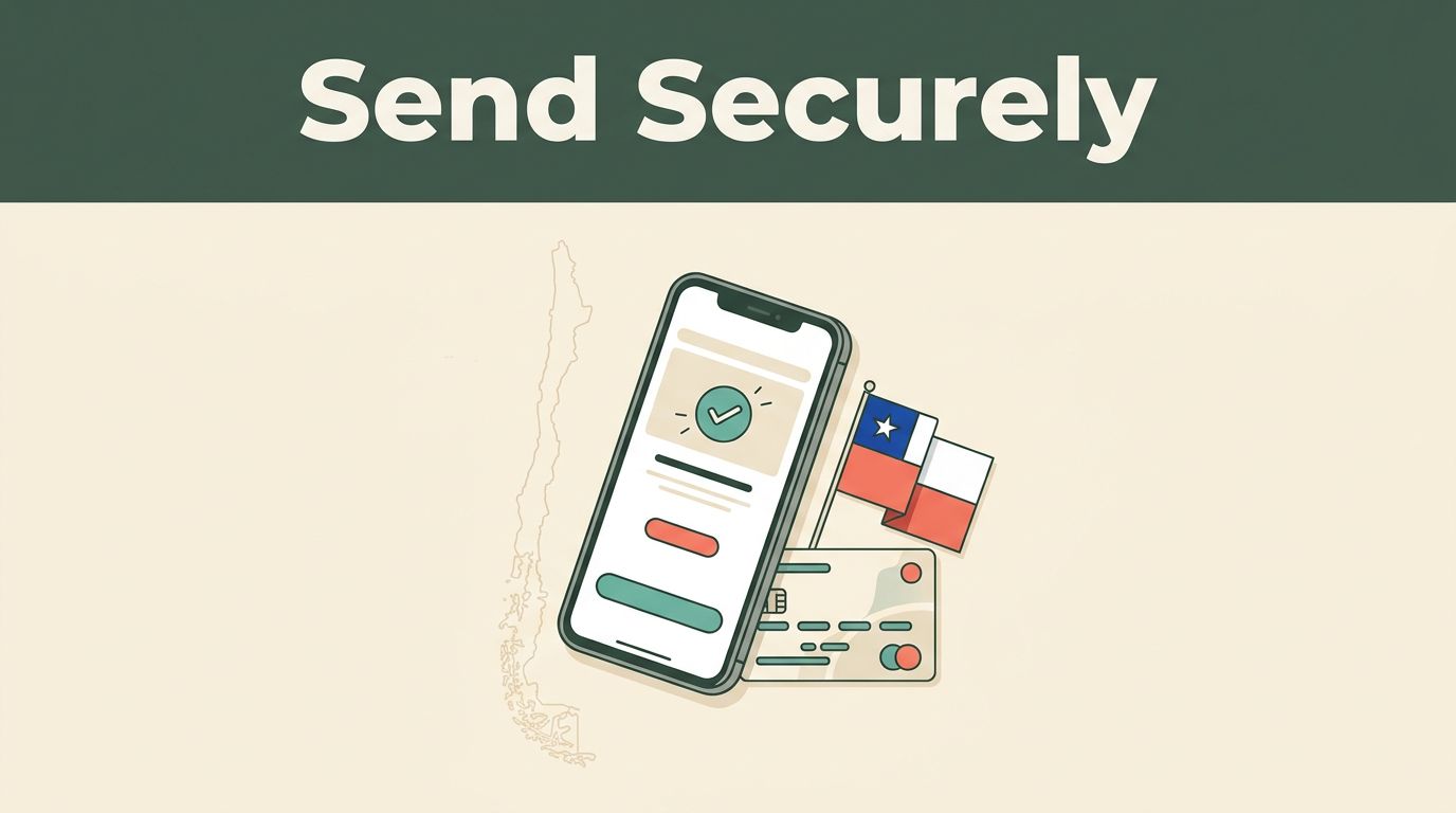 Smartphone with a transfer confirmation beside a bank card, Chilean flag, and Chile map.