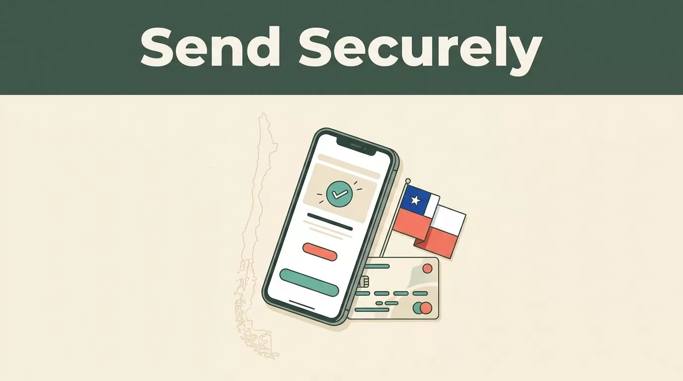 Smartphone with a transfer confirmation beside a bank card, Chilean flag, and Chile map.