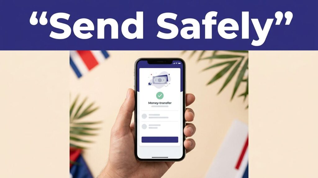 A hand holds a smartphone beneath a Send Safely banner, with tropical foliage in the background.