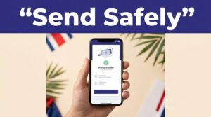 A hand holds a smartphone beneath a Send Safely banner, with tropical foliage in the background.