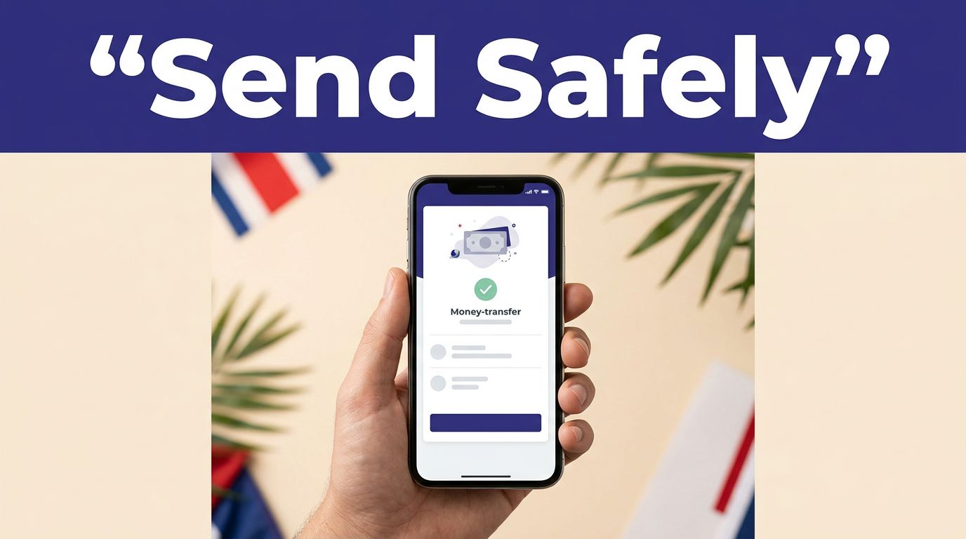 A hand holds a smartphone beneath a Send Safely banner, with tropical foliage in the background.