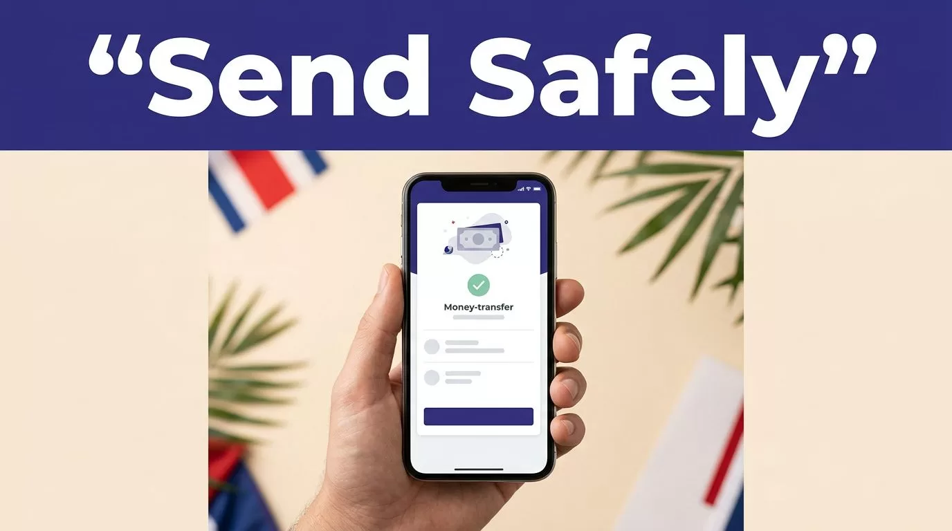 A hand holds a smartphone beneath a Send Safely banner, with tropical foliage in the background.