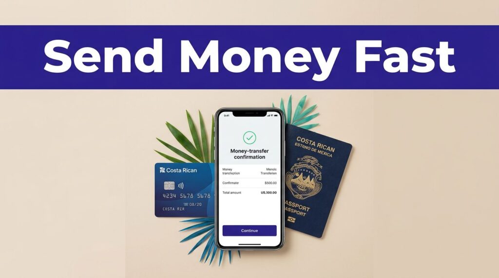 Phone showing a transfer confirmation beside a bank card and passport under a blue banner.