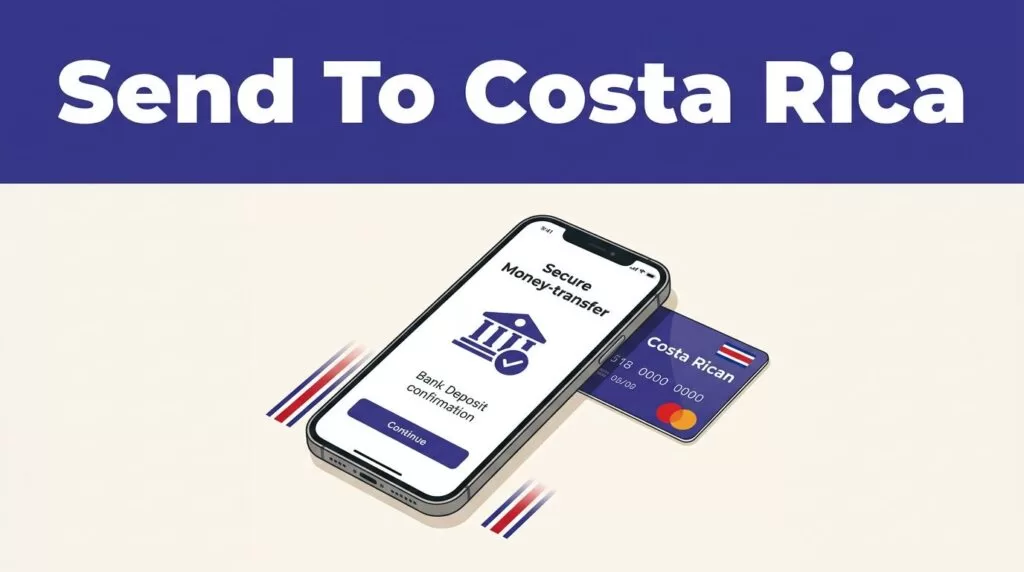 Phone showing a bank transfer confirmation beside a Costa Rican bank card.