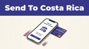 Phone showing a bank transfer confirmation beside a Costa Rican bank card.