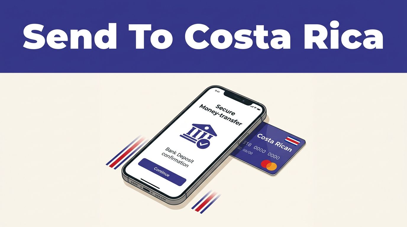 Phone showing a bank transfer confirmation beside a Costa Rican bank card.