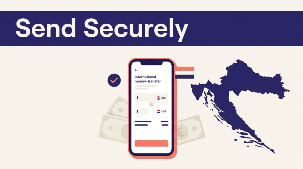 A smartphone, Croatian map, euro banknotes, and security checkmark illustrate money transfer.