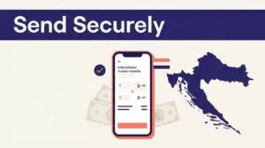 A smartphone, Croatian map, euro banknotes, and security checkmark illustrate money transfer.