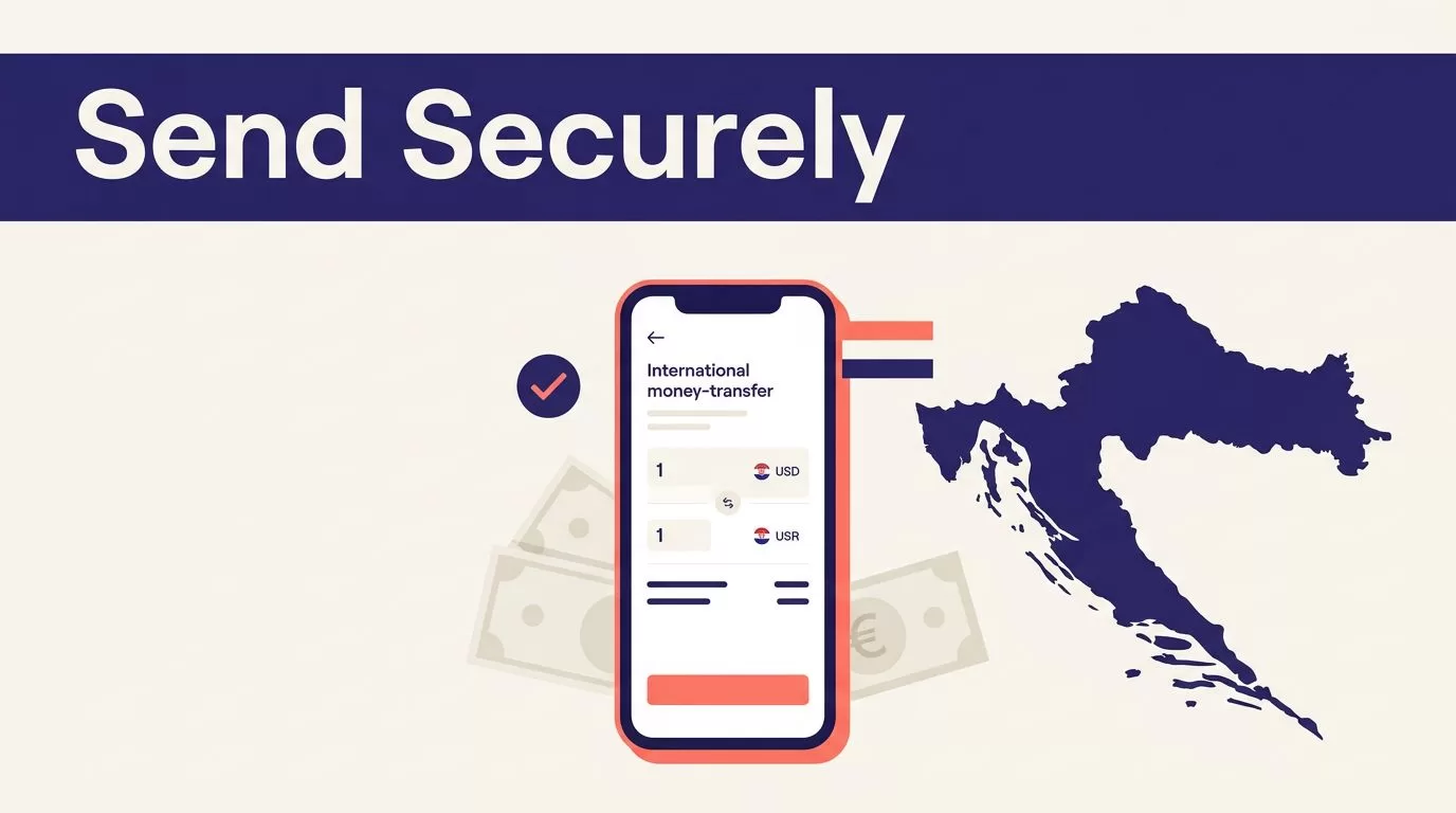 A smartphone, Croatian map, euro banknotes, and security checkmark illustrate money transfer.