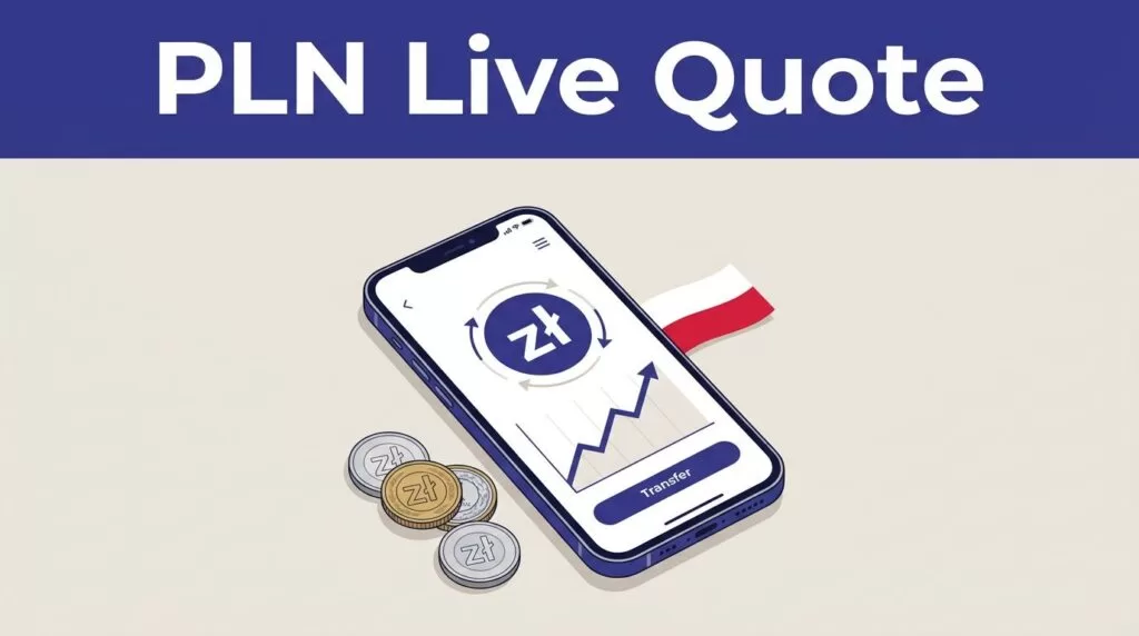 Phone showing a rising PLN exchange graph beside Polish złoty coins.