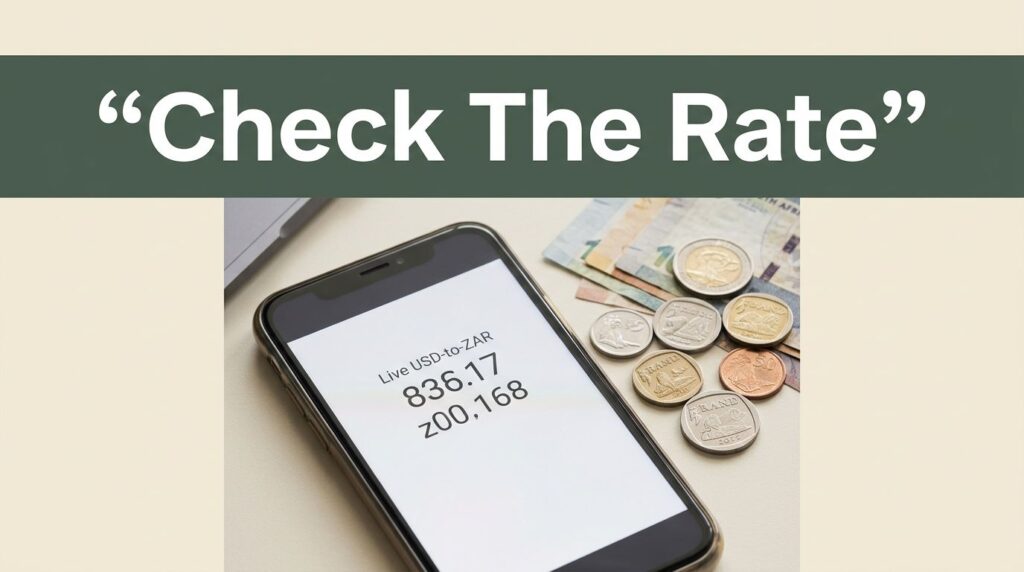 A phone displays a USD-to-ZAR rate beside South African rand coins and currency notes.