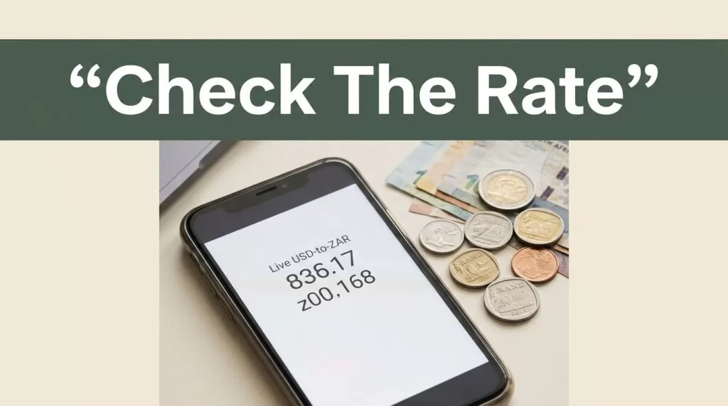 A phone displays a USD-to-ZAR rate beside South African rand coins and currency notes.
