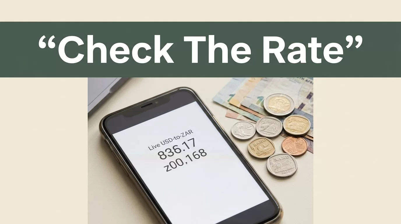 A phone displays a USD-to-ZAR rate beside South African rand coins and currency notes.