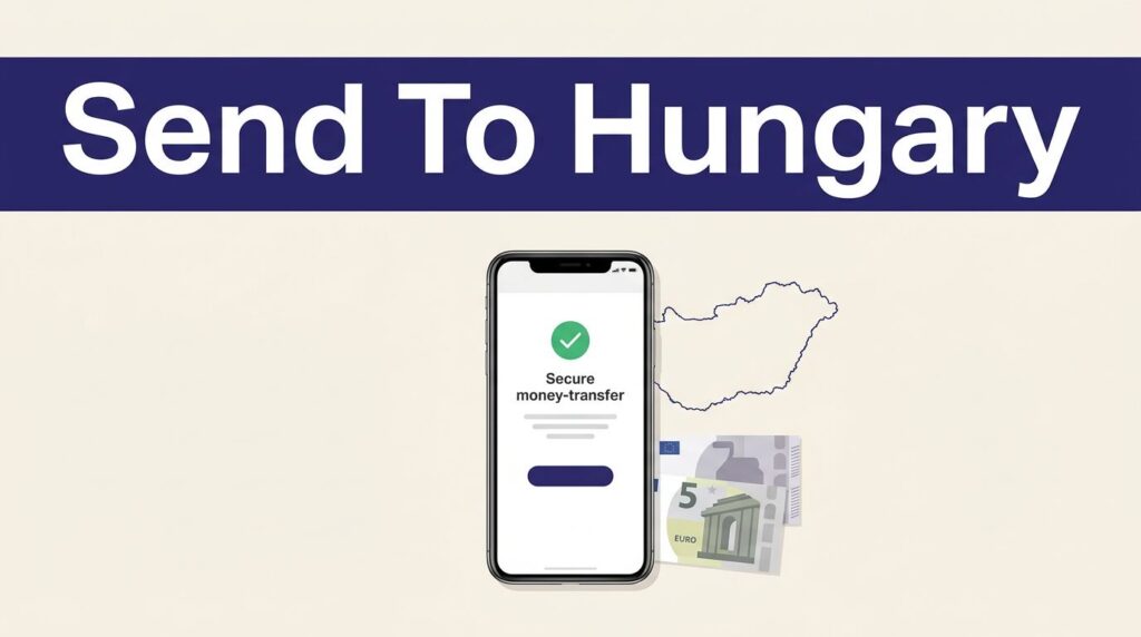 A smartphone and Hungary map appear beneath a bold indigo Send To Hungary banner.