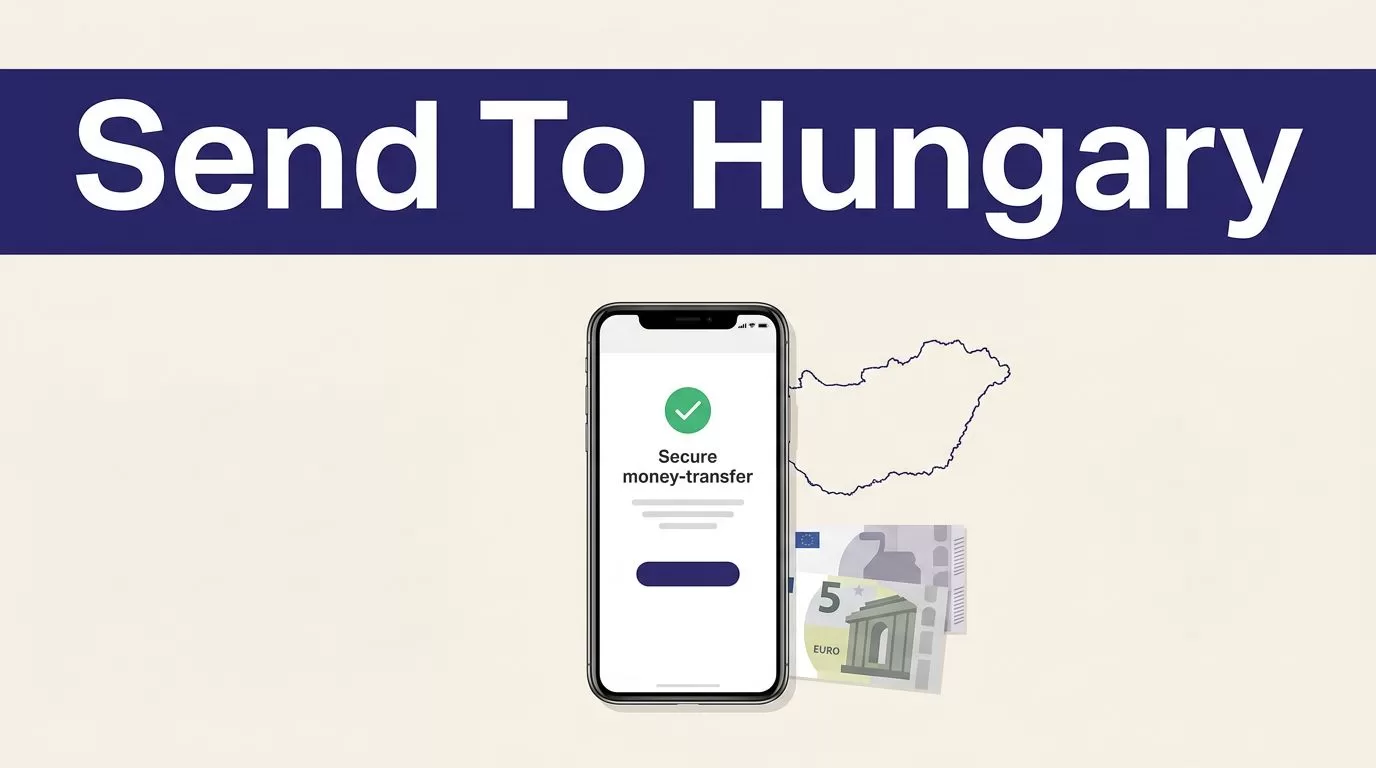 A smartphone and Hungary map appear beneath a bold indigo Send To Hungary banner.