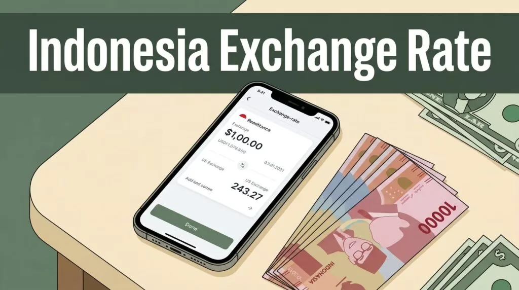 Smartphone showing exchange rates beside rupiah and dollar currency on a cream table.