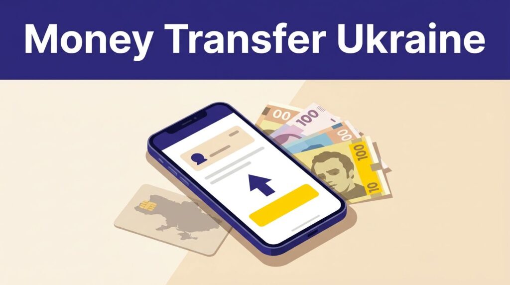 Smartphone showing a money transfer beside Ukrainian banknotes and a Ukraine-shaped card.