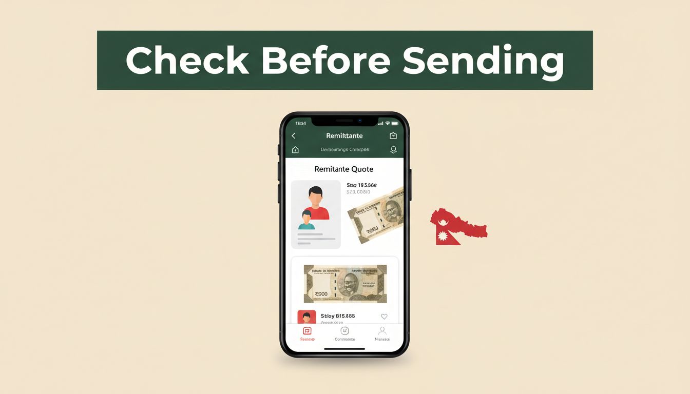 A smartphone showing a remittance quote beside Nepalese rupee notes and a red Nepal-shaped accent.