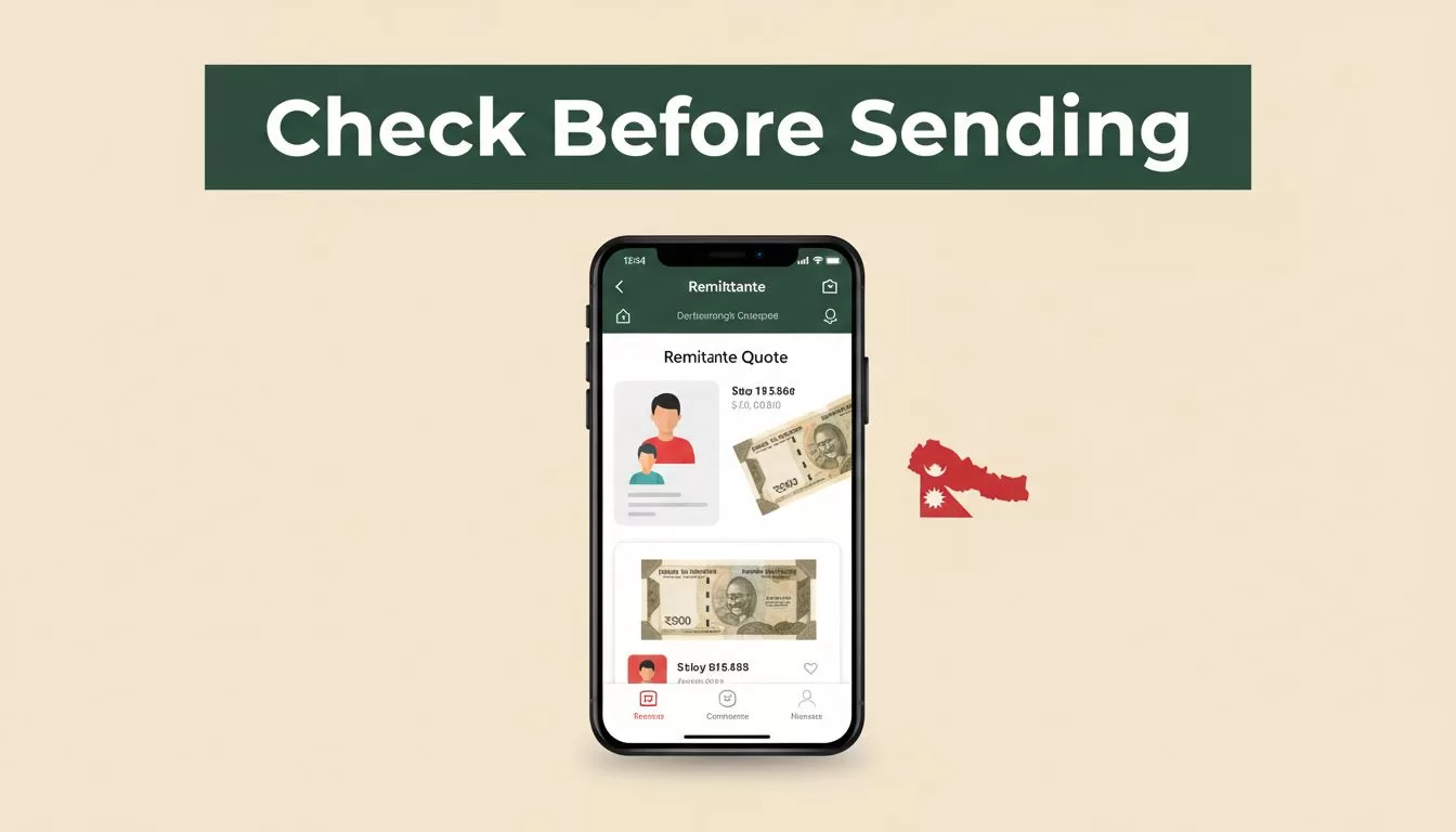A smartphone showing a remittance quote beside Nepalese rupee notes and a red Nepal-shaped accent.