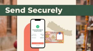 A smartphone showing a money transfer beside a Nepalese bank card and Nepal map.