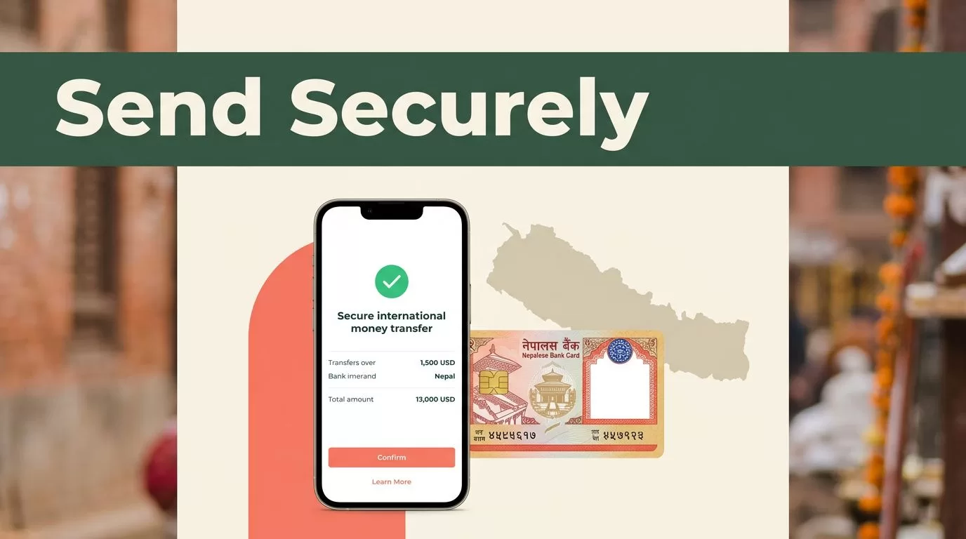 A smartphone showing a money transfer beside a Nepalese bank card and Nepal map.
