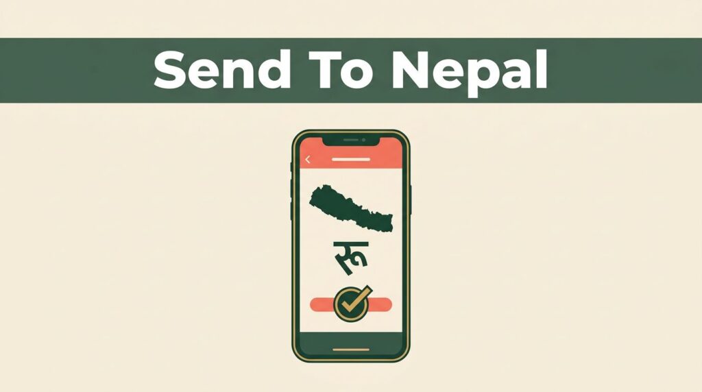 Smartphone showing a Nepal money transfer interface with a rupee symbol and security checkmark.