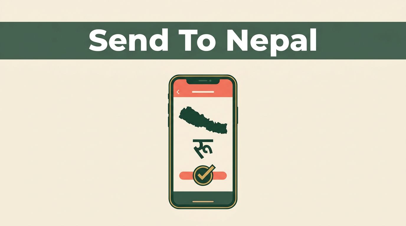 Smartphone showing a Nepal money transfer interface with a rupee symbol and security checkmark.