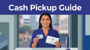 Smiling woman holding an ID card and sealed cash envelope at a payout counter.