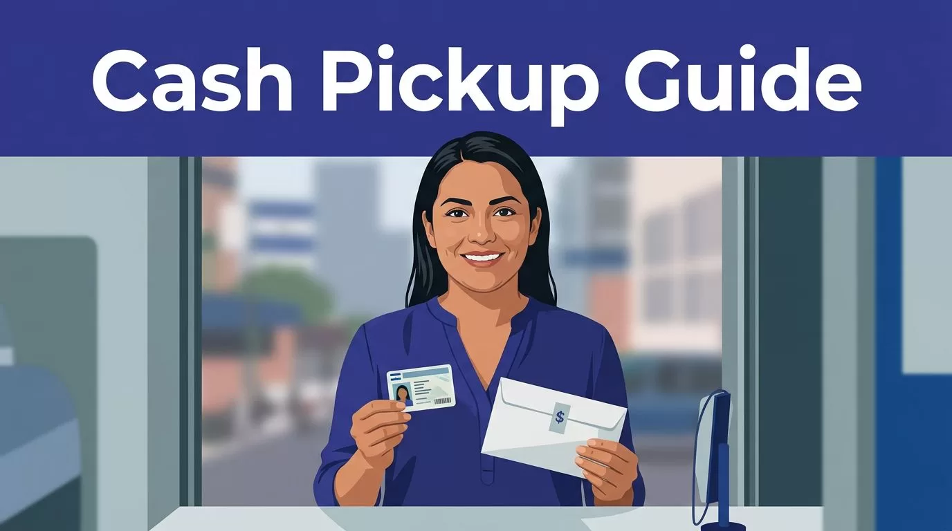 Smiling woman holding an ID card and sealed cash envelope at a payout counter.
