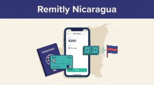 Smartphone money transfer display beside a passport, debit card, and Nicaraguan flag accent.