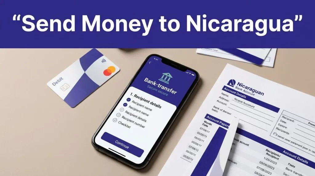 A smartphone, debit card, checklist, and Nicaraguan bank paperwork arranged on a neutral surface.