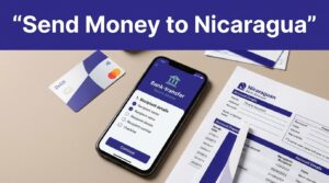 A smartphone, debit card, checklist, and Nicaraguan bank paperwork arranged on a neutral surface.