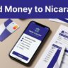 A smartphone, debit card, checklist, and Nicaraguan bank paperwork arranged on a neutral surface.
