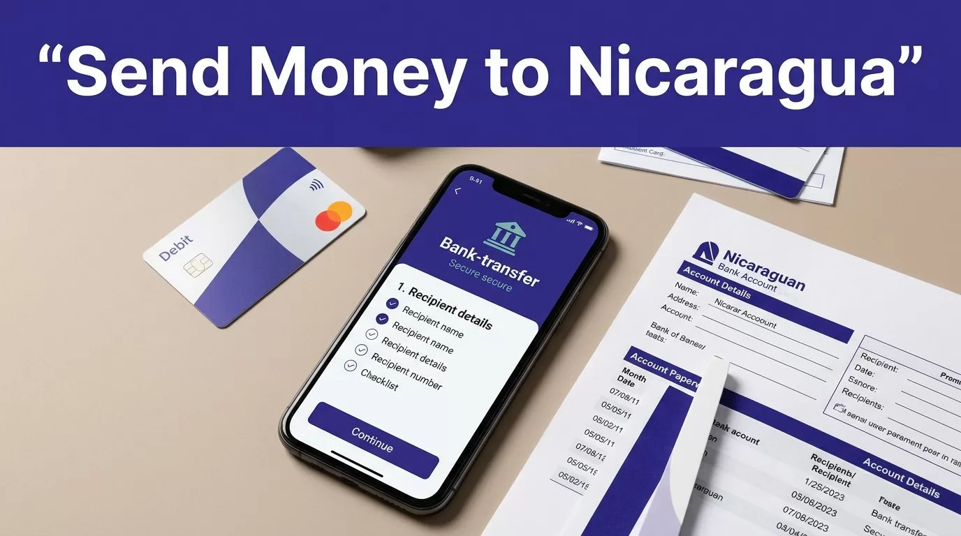 A smartphone, debit card, checklist, and Nicaraguan bank paperwork arranged on a neutral surface.
