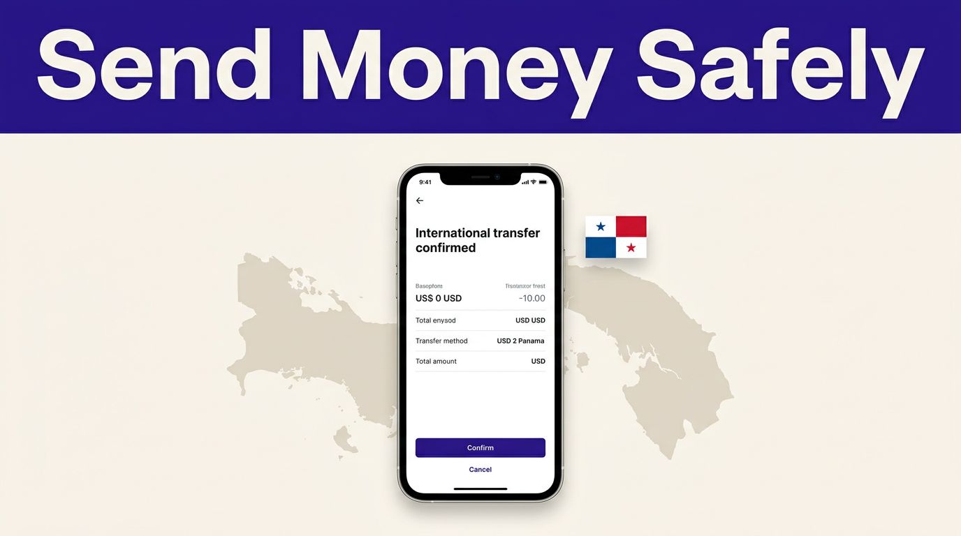 Smartphone showing a money transfer confirmation beside a Panama map and flag.